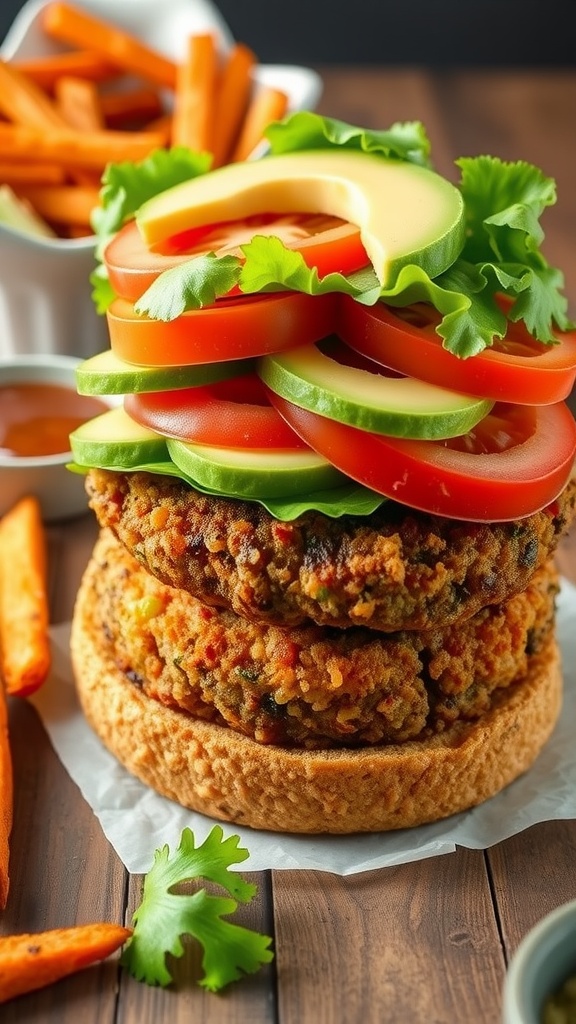 A quinoa veggie burger with lettuce, tomato, and avocado, served with sweet potato fries on a rustic wooden table.